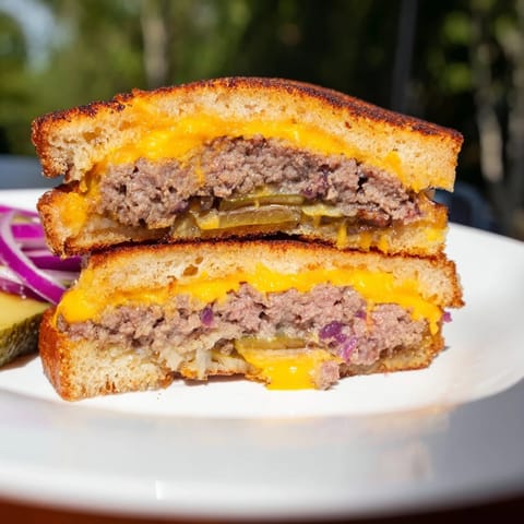 A close-up shot of a golden, melty Smashed Burger Grilled Cheese ready to be devoured.
