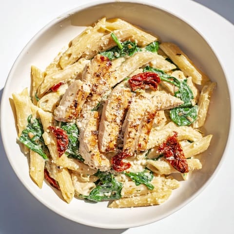 Close-up of Creamy Tuscan Chicken Pasta, showcasing tender chicken with spinach and Parmesan.
