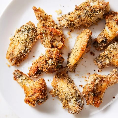 Diese Parmesan-Hähnchenflügel, frisch gebacken, glänzen goldfarben und sehen verlockend aus.