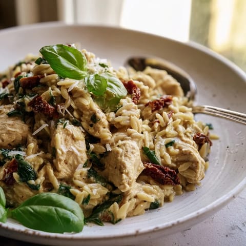 Creamy Tuscan Chicken Orzo with tender chicken, sun-dried tomatoes, and fresh spinach in a rich sauce.
