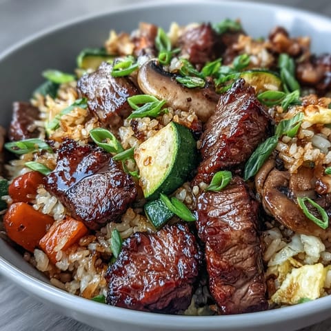 Ein köstlicher flambierter Steak mit gebratenem Reis, serviert mit bunten Gemüsen.