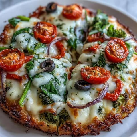 Frisch gebackene Brokkoli-Hähnchen-Krusten-Pizza mit geschmolzenem Mozzarella, bunten Paprikascheiben und Cherrytomaten auf Pergamentpapier.
