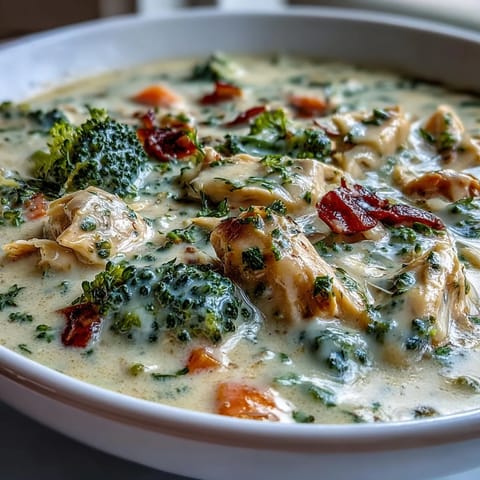 Herzhafte Hühnchen-Brokkoli-Cheddar-Suppe in einer Schüssel mit frischen Kräutern.
