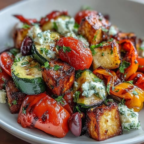 Ein warmes Roasted Greek Salad mit gerösteten Paprika, Auberginen und Zucchini, verfeinert mit Oliven und Zitronen-Dressing.  
