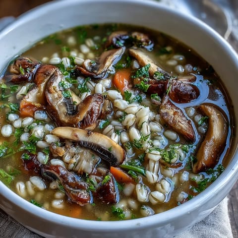 Dampfende Mushroom Barley Soup in einer Schüssel, garniert mit frischem Petersilie, serviert mit Brot.