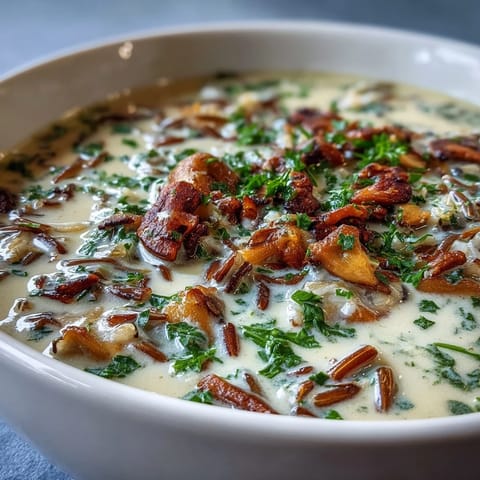 Löffel voller Wild Rice Mushroom Soup mit cremiger Brühe und sautierten Pilzen.