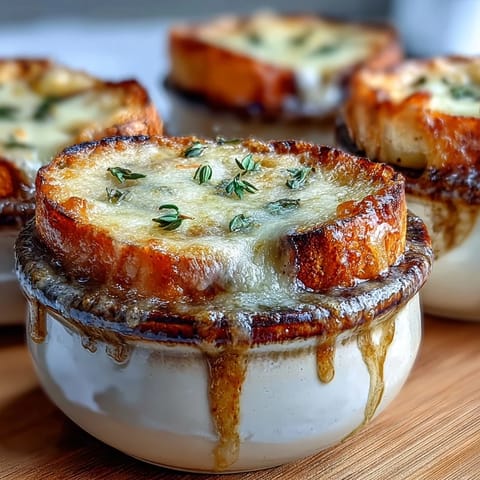 Schmelziger Käse über duftender French Onion Soup mit frischem Thymian auf einer rustikalen Holzplatte.
