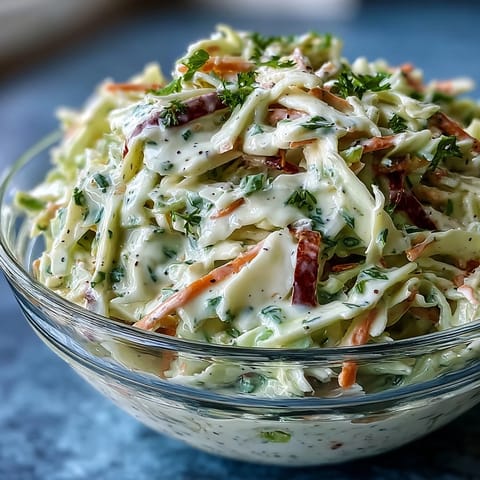Creamy coleslaw with crisp cabbage and carrots tossed in tangy dressing, served chilled in a glass bowl.