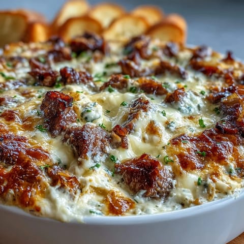 Ein heißer, cremiger Philly Cheesesteak Dip mit saftigem Ribeye und geschmolzenem Provolone auf knusprigen Baguette-Scheiben.