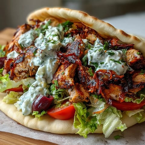 Char-grilled Mediterranean Chicken Gyros topped with creamy feta tzatziki, crisp lettuce, ripe tomatoes, and Kalamata olives served on warm pita bread.