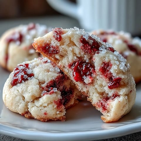 Weiche, zuckerglasierte Soft Chewy Raspberry Sugar Cookies mit frischen Himbeeren auf einem Holzbrett.