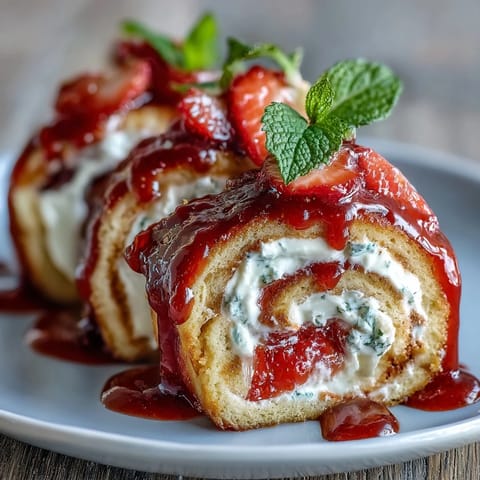Frisch aufgeschnittene strawberry-shortcake-sushi-roll mit cremiger textur und glänzender weißer schokolade, bereit zum genießen.