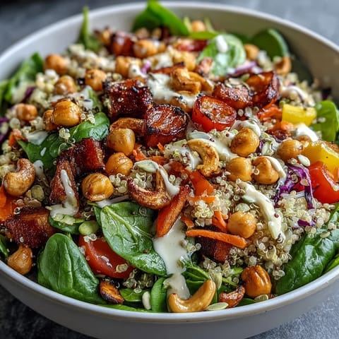 Colorful lunch Rainbow Salad Bowl featuring purple cabbage, chickpeas, and roasted cashews on a rustic wooden table.  