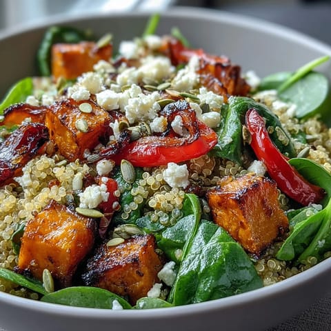 Ein warmer Salatbowls aus gebratenem Gemüse auf Quinoa mit zarten Spinatblättern und würziger Vinaigrette im rustikalen Schalen-Setup.