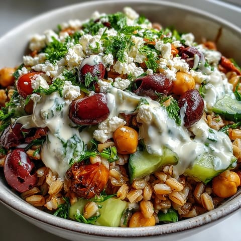 A colorful Mediterranean Farro Bowl with creamy tahini dressing, feta, olives, and fresh vegetables.