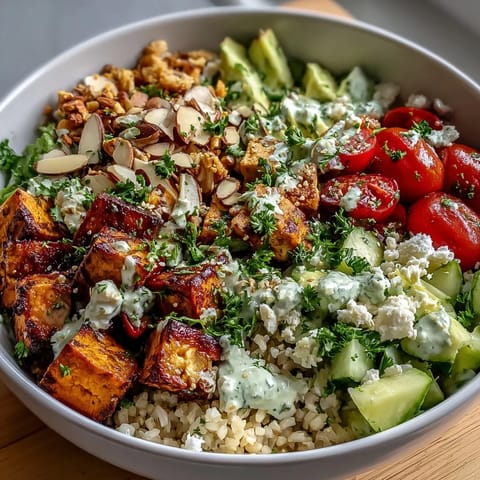 Colorful Customizable Grain Bowl with quinoa, grilled chicken, cucumbers, and fresh herbs on a rustic table.