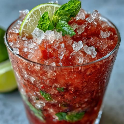 Guava Mojito mit frischen Minzblättern und Limettenrädern auf Eis in einem hohen Glas.