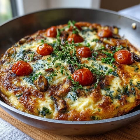Frühlingsgemüse-Frittata mit Spargel und Ziegenkäse – goldene, fluffige Eier mit zartem Spargel, cremigem Ziegenkäse und frischen Kräutern, perfekt für ein leichtes Brunch-Gericht.