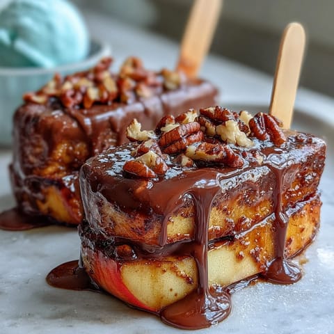 Knusprige Apfelscheiben mit karamellüberzogener Oberfläche und dunkler Schokoladenglasur.