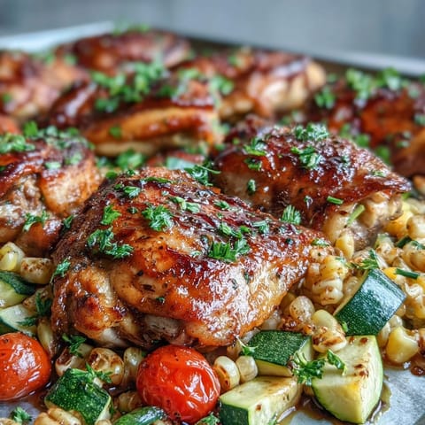 Ein bunter Sommersalat mit saftigem Hähnchen, süßem Mais und zarter Zucchini auf einem Blech geröstet.