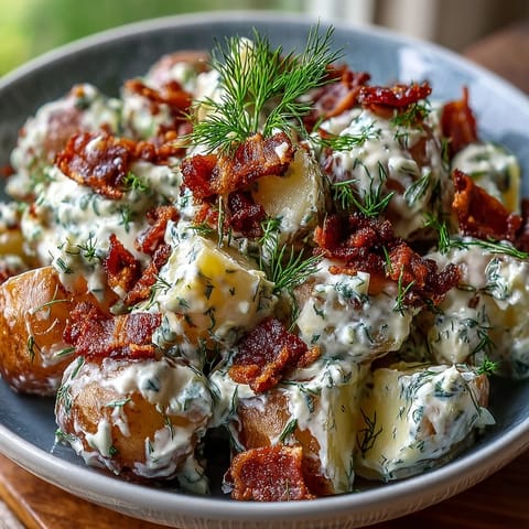 Festlicher Kartoffelsalat mit Dill und Speck, perfekt für den Memorial Day.