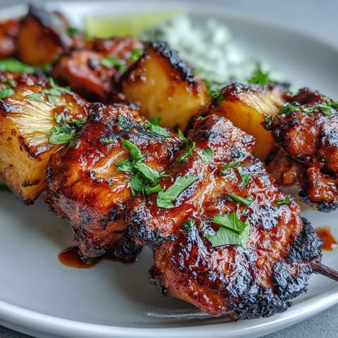 Saftige Hähnchenspieße mit Ananas und rauchigem Al-Pastor-Marinade, perfekt gegrillt für einen tropisch-schicken Geschmack.