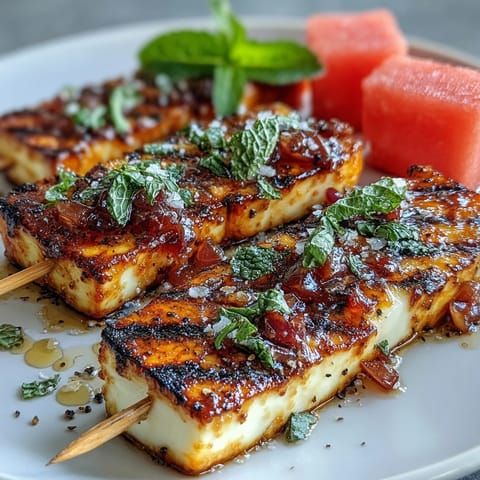 Saftige Wassermelonenwürfel und goldbrauner Halloumi-Käse auf Spießen mit frischer Minze, perfekt gegrillt für einen lebendigen Sommergenuss.