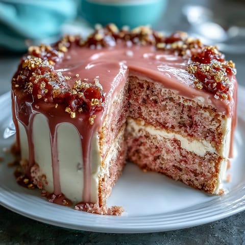 Rosé-Velvet-Torte mit Gold-Drip: Eleganter, rosafarbener Kuchen mit Roséwein-Aroma und cremiger Frischkäseglasur, dekoriert mit glänzendem Gold-Drip für festliche Anlässe.