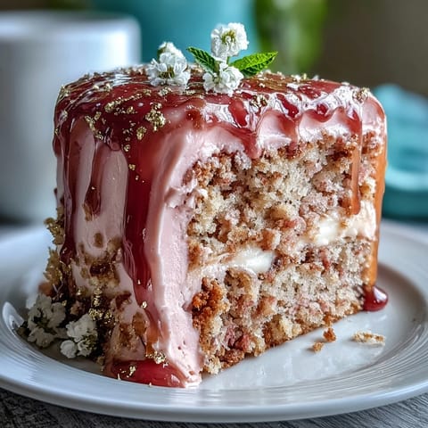 Rosé Velvet Kuchen mit goldener Tropfglasur – zartes rosa Innere mit cremiger Frischkäse-Frosting und glänzender goldener Schokoladendekoration.