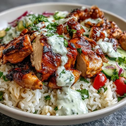 Wunderschöner Middle Eastern Shawarma Bowl, beladen mit Gewürz-Hähnchen und frischem Gemüse.