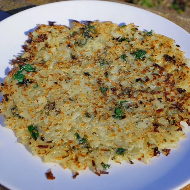 Delicious, pan-baked potato and spinach rösti, a light and healthy vegetarian lunch or dinner option.