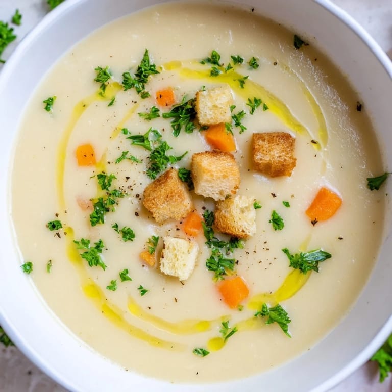 A steaming bowl of creamy garlic potato soup, garnished with parsley and crunchy croutons.