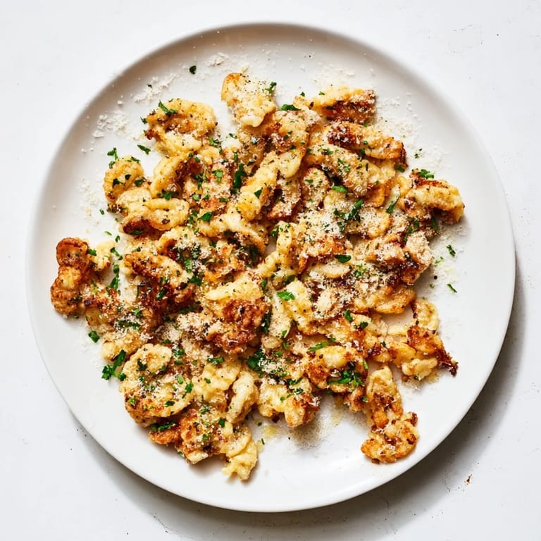 A close-up shot of perfectly golden air fryer German spätzle, sprinkled with Parmesan cheese.