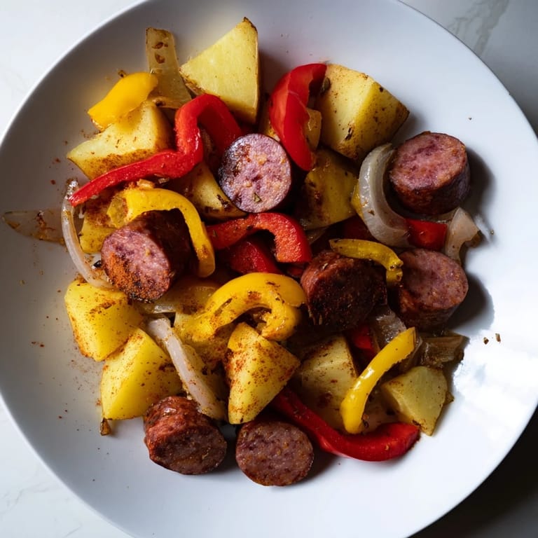 A delicious, comforting one-pot kielbasa and potato bake, with potatoes and vegetables steaming hot.