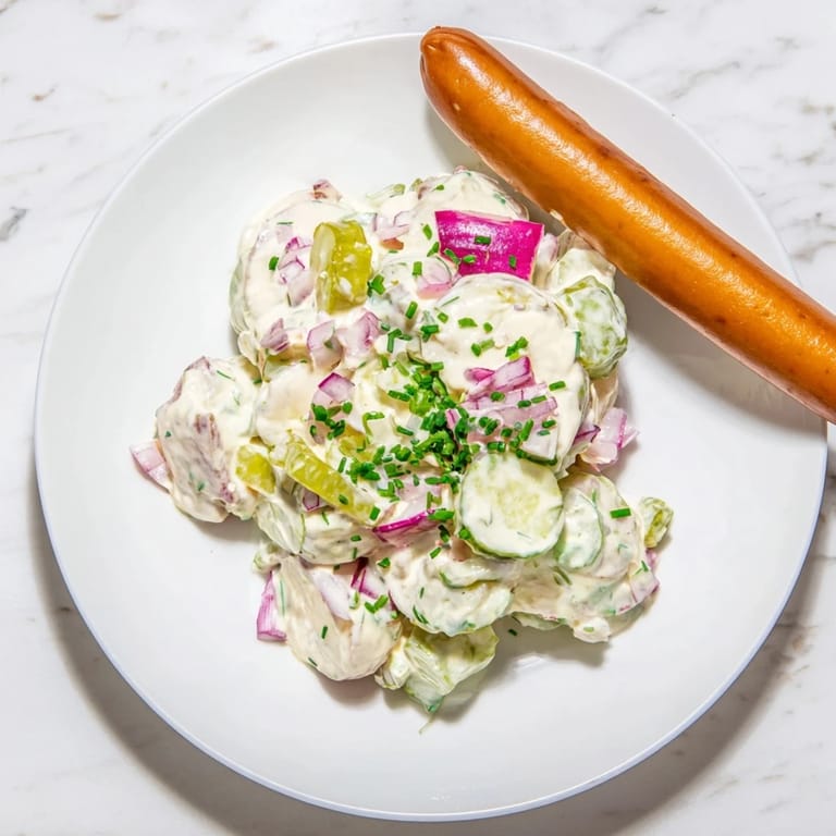 Warm German Potato Salad with Sausages, a comforting German meal perfect for any gathering.