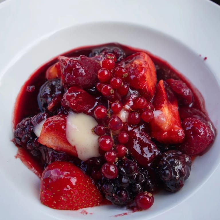 Freshly made Rote Grütze with its juicy berries is presented beautifully, topped with vanilla sauce.