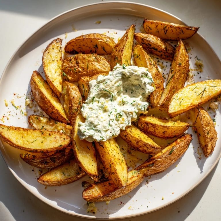 Golden-brown crispy oven-baked potatoes, seasoned perfectly, alongside a tangy herb quark for serving.