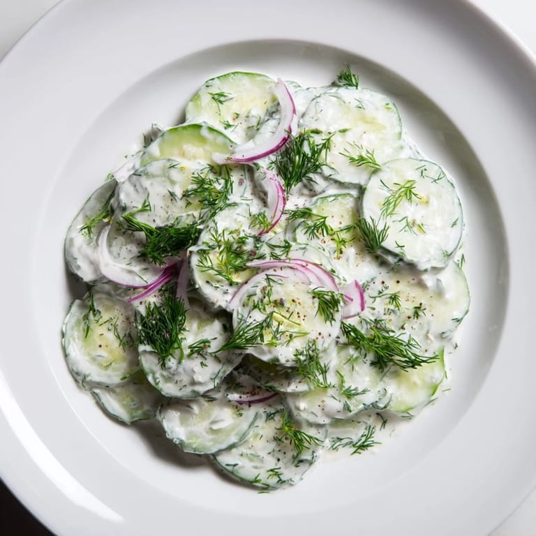 A vibrant bowl of Omas German Cucumber Salad, showing a refreshing, summer side idea.