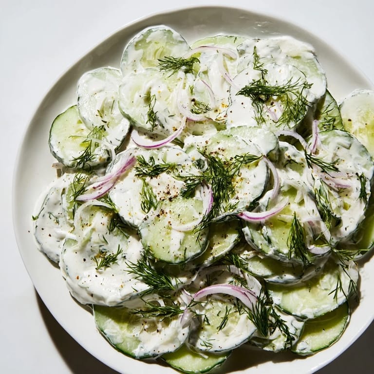 Close-up of Omas German Cucumber Salad, highlighting the crisp cucumbers and tangy dressing.