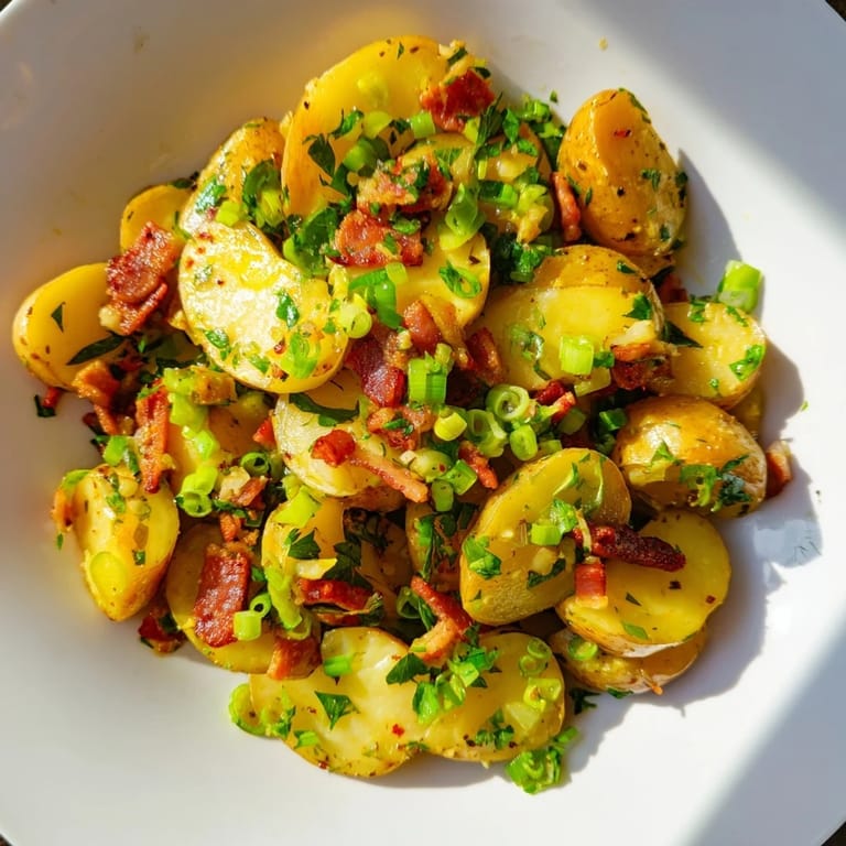 A hearty bowl of warm German potato salad, glistening with a flavorful, tangy dressing.