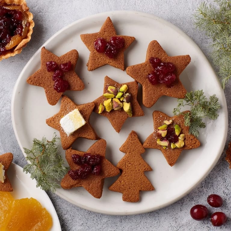 Golden, bubbly Mini Brie & Fig Tartlets with festive Cranberry Pistachio White Chocolate Bark and Gingerbread Cookies.