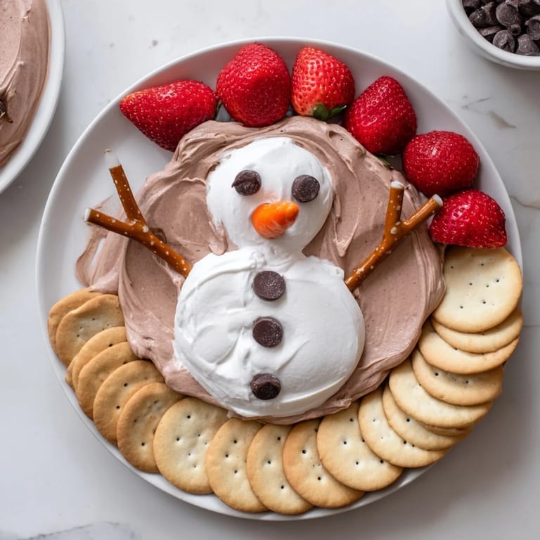 Get ready for dipping: a charming Hot Cocoa Dip snowman with pretzel arms and inviting dippers.