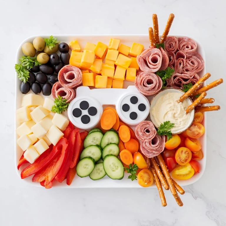 This Game Night: Controller Shaped Snack Platter features olives, tomatoes, and pretzel sticks arranged playfully.