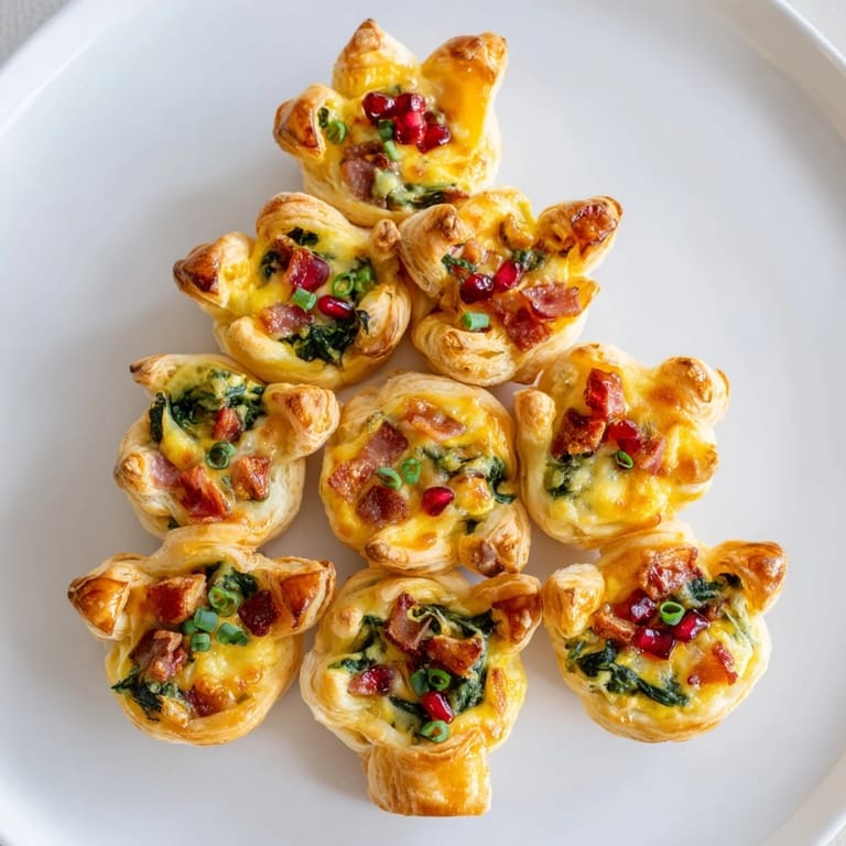 A top-down view of the beautifully arranged Savory Bites: Mini Quiche Christmas Tree, ready to eat.