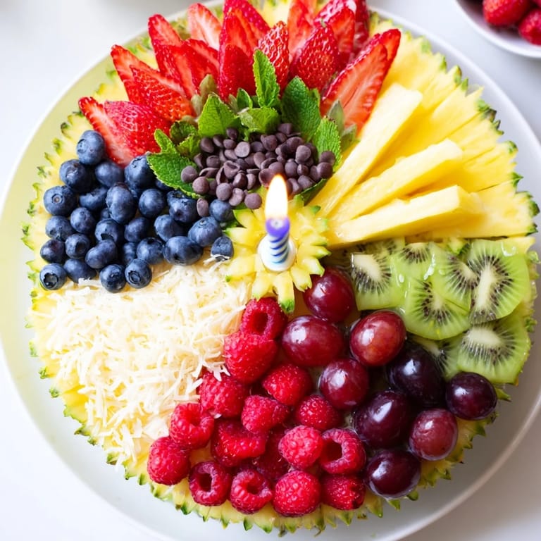 Vibrant fruit Birthday Board, cake slice-shaped, with watermelon, berries, and mint for a party snack.