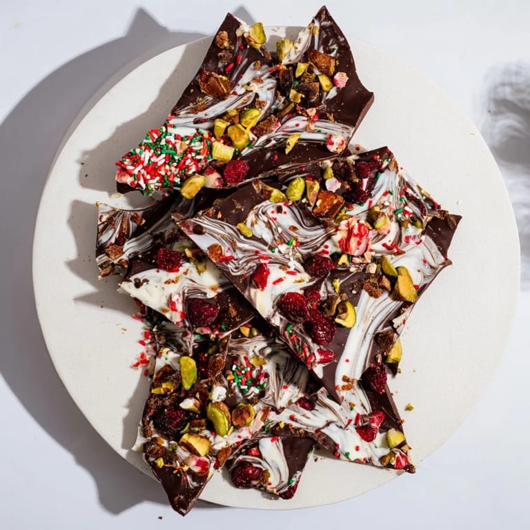Irregular pieces of Holiday Bark Shard display, showcasing rich chocolate and crunchy toppings.
