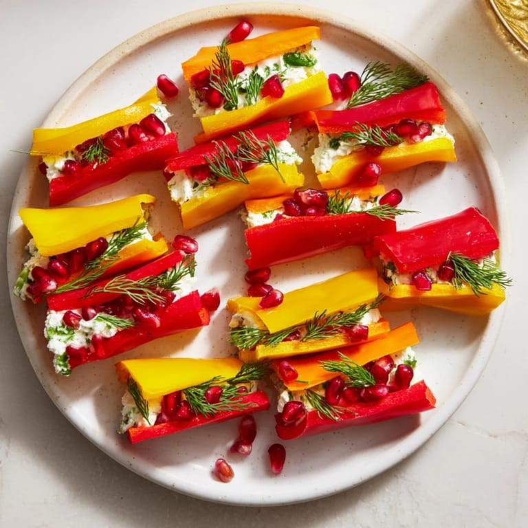 Red, yellow, and green bell peppers transformed into charming Christmas bow appetizers, ready to serve.