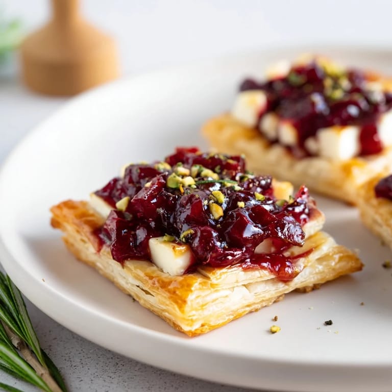 Close-up of a festive Cranberry Brie Bites Wreath, showing creamy brie and cranberry topping.