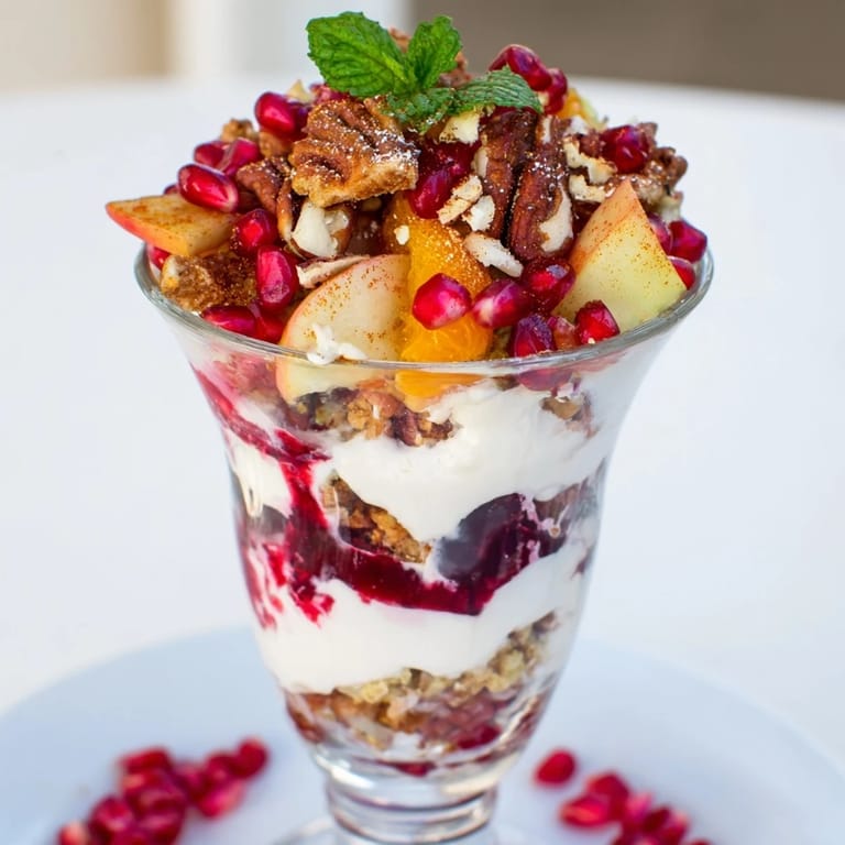 A beautiful Christmas Pudding Yogurt Parfait Bar with layers of yogurt, fruit, and crunchy toppings ready to serve.