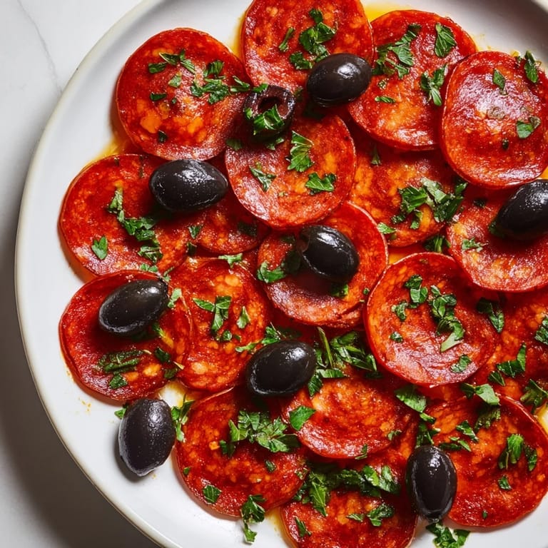 Close-up of Sliced Pepperoni and Olive Halves: a delicious arrangement for easy snacking, bursting with flavor.